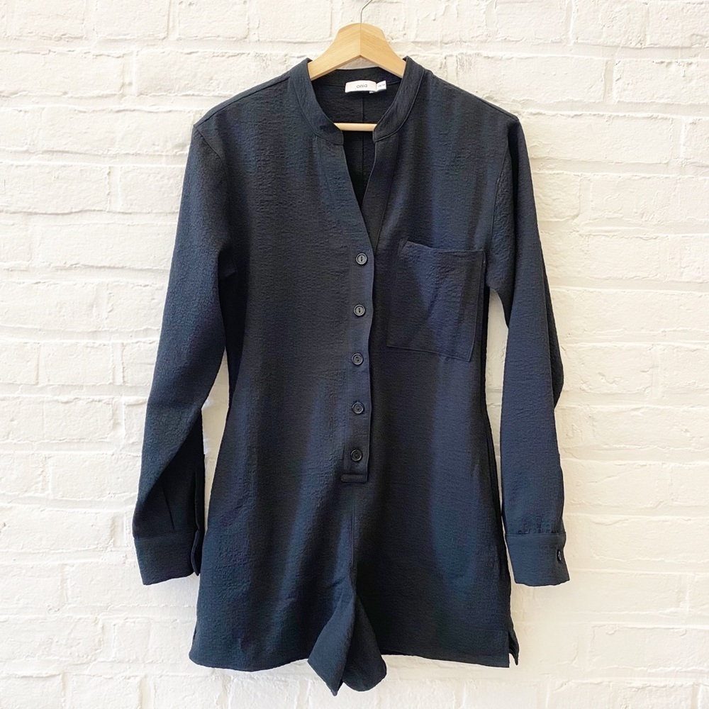 Onia || Long‎ Sleeved Crinkle Gauze Romper Button Front Playsuit Shorts Black XS